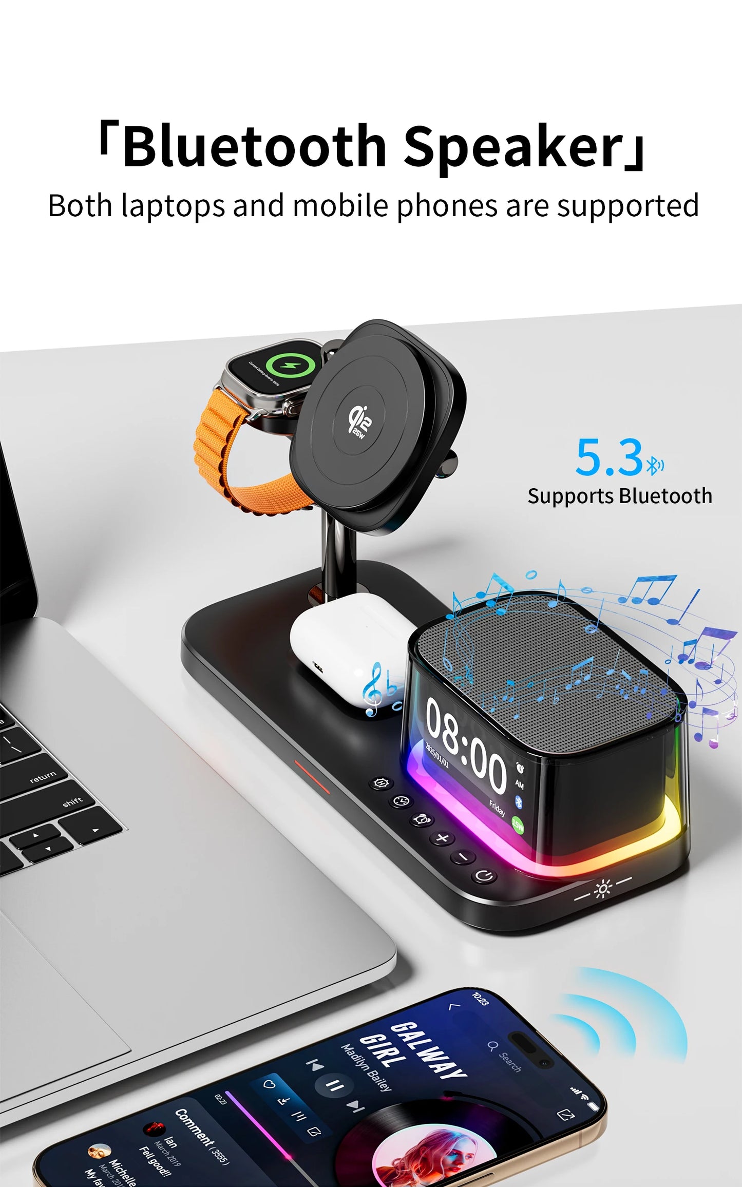25W QI2 Wireless Charger with Wireless Speaker Digital Clock 3 in 1 Wireless Magnetic Charger for Iphone17 Charger Fast Charging