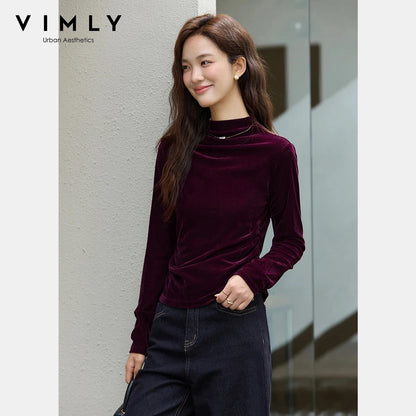 VIMLY Women's Red Velvet T-shirt Casual Knitted Slim Fit Tops Winter 2026 Vintage Mock Neck Folds Long Sleeve Ladies Tees A3305