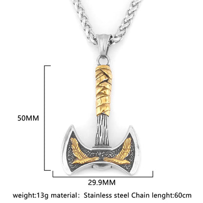 Stainless Steel Vikings Axe Necklace Mixed Gold Color Odin Raven Pendant Men's Personality Rune Amulet Gift for Boyfriend