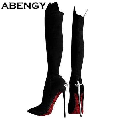 2025 Autumn Winter Fashion Pointy Toe Thin High Heels Long Boots Women Suede Leather Knee-High Boot Sexy Slim Knight Botas Mujer