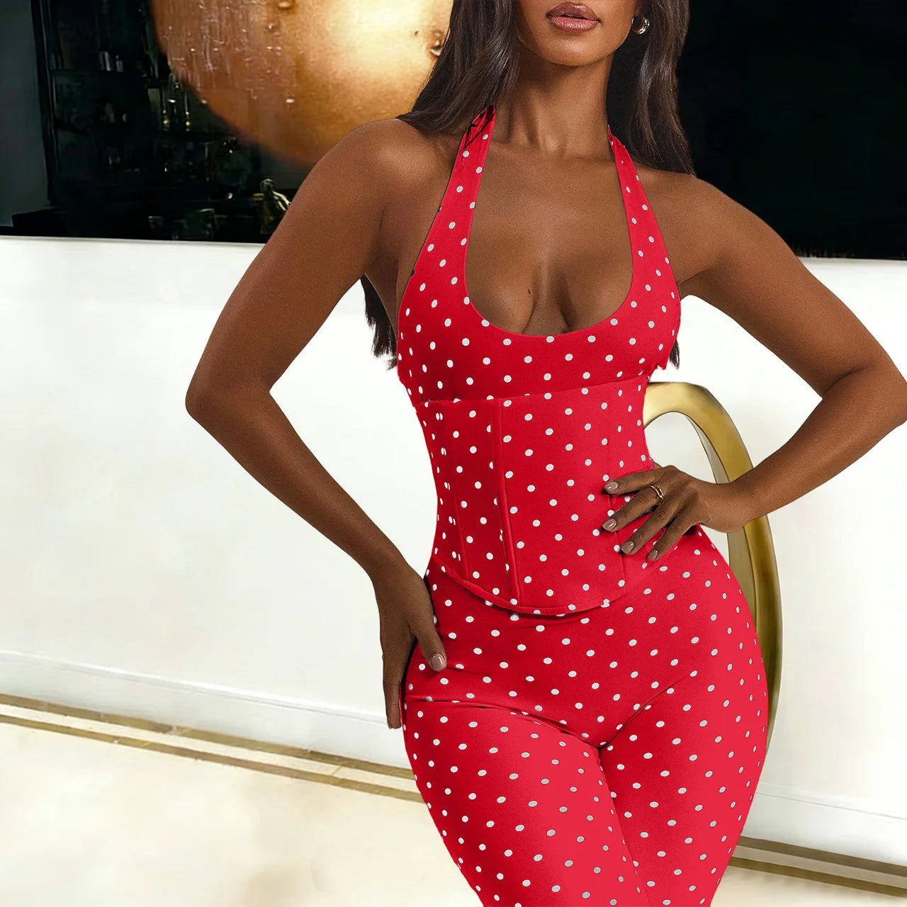 FAGADOER Sexy Polka Dot Print Bodycon Jumpsuits Woman Halter Deep V-neck Backless Rompers Female Streetwear Overalls 2026 New