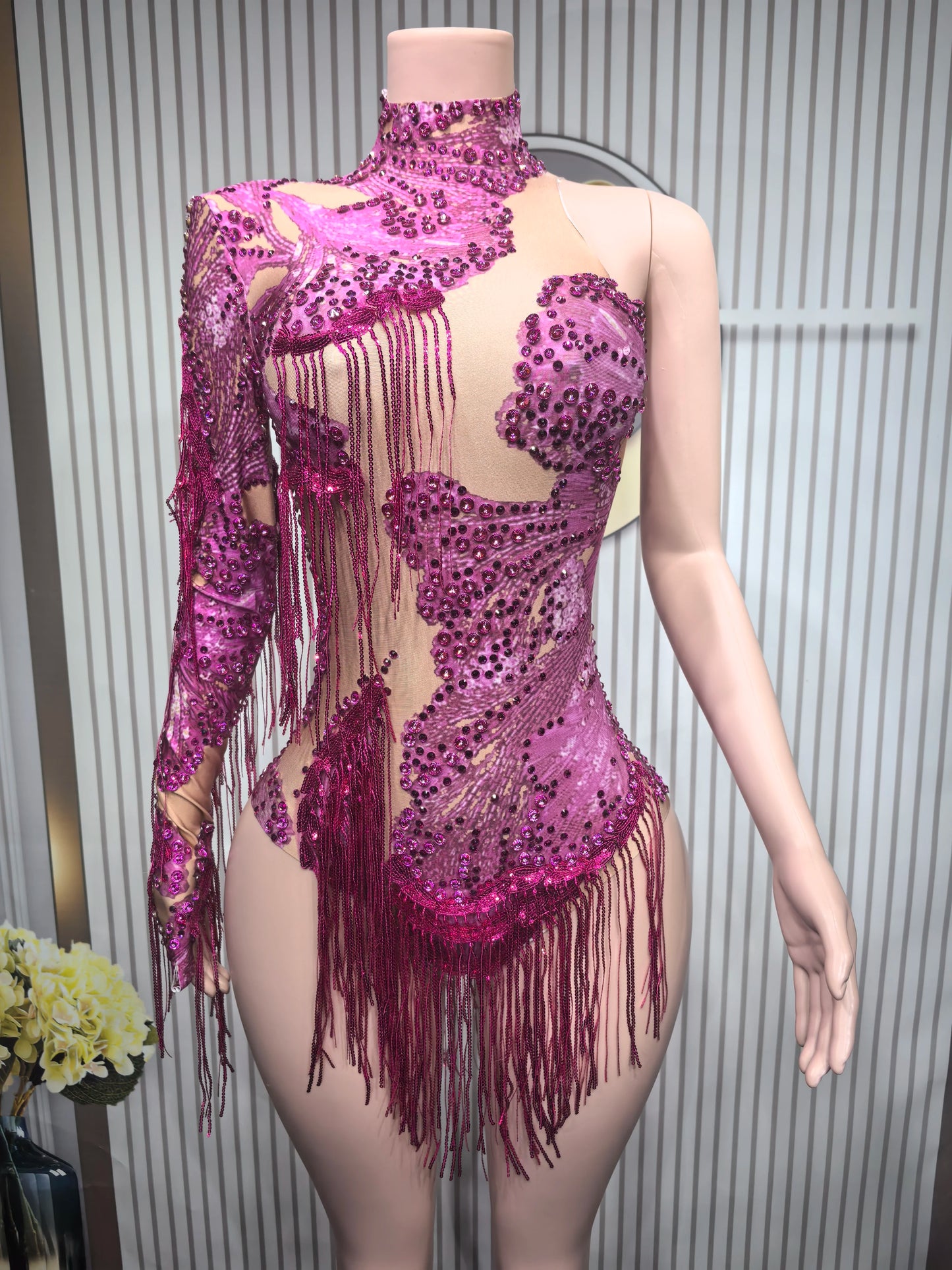 Sexy Skinny Leotard Singer Dancer Show StageWear Sparkly Blue Rhinestones Women DanceCostume Fringes One Shoulder Bodysuit  7G