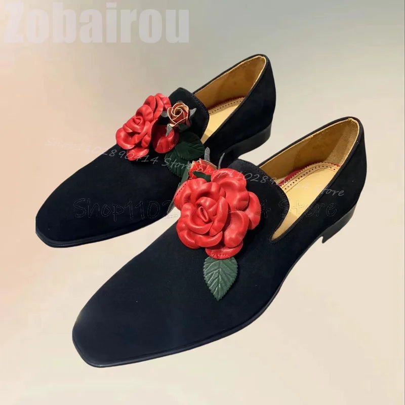 Red Appliques Decor Black Square Toe Flock Loafers Fashion Slip On Men Shoes Luxurious Handmade Party Banquet Men Casual Shoes