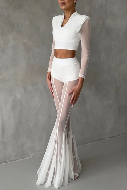 Sexy Sheer Flare Pants For Women Fashion Solid High Waist Long Pants Lady Casual Holiday Streetwear Women's Clothing New 2025