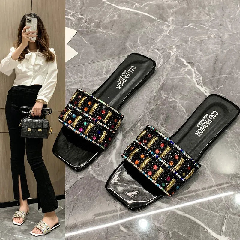 Slippers for Women Shiny Rhinestone Sandals Women Outdoor Beach Casual Shoes Sexy Fashion Big Size Flat Shoes Sandalias De Mujer