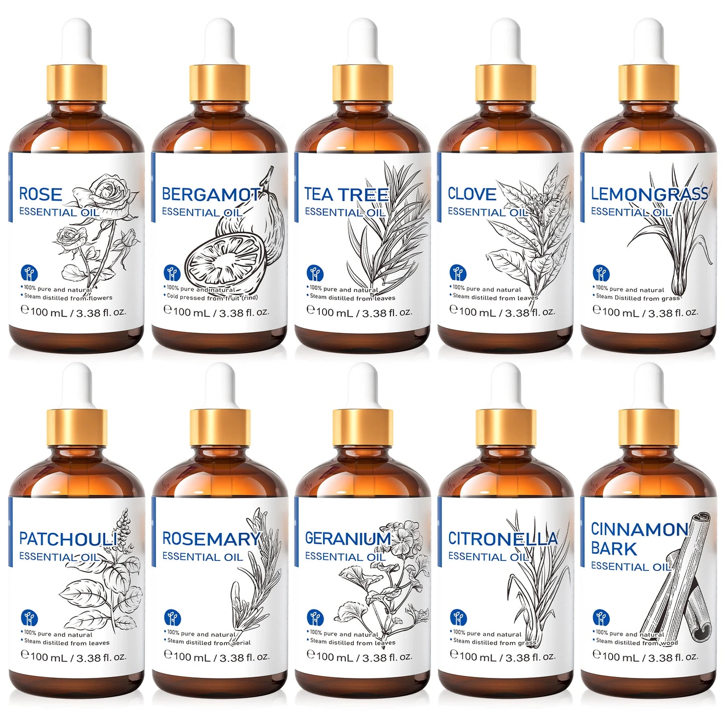 HIQILI Essential Oil Rose Geranium Lavanda Citronela Tea Tree vanille Body Oil Face Skin Care Massage 100ML/3.38fl.oz