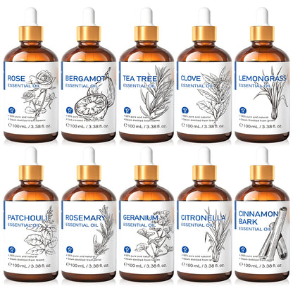 HIQILI Essential Oil Rose Geranium Lavanda Citronela Tea Tree vanille Body Oil Face Skin Care Massage 100ML/3.38fl.oz