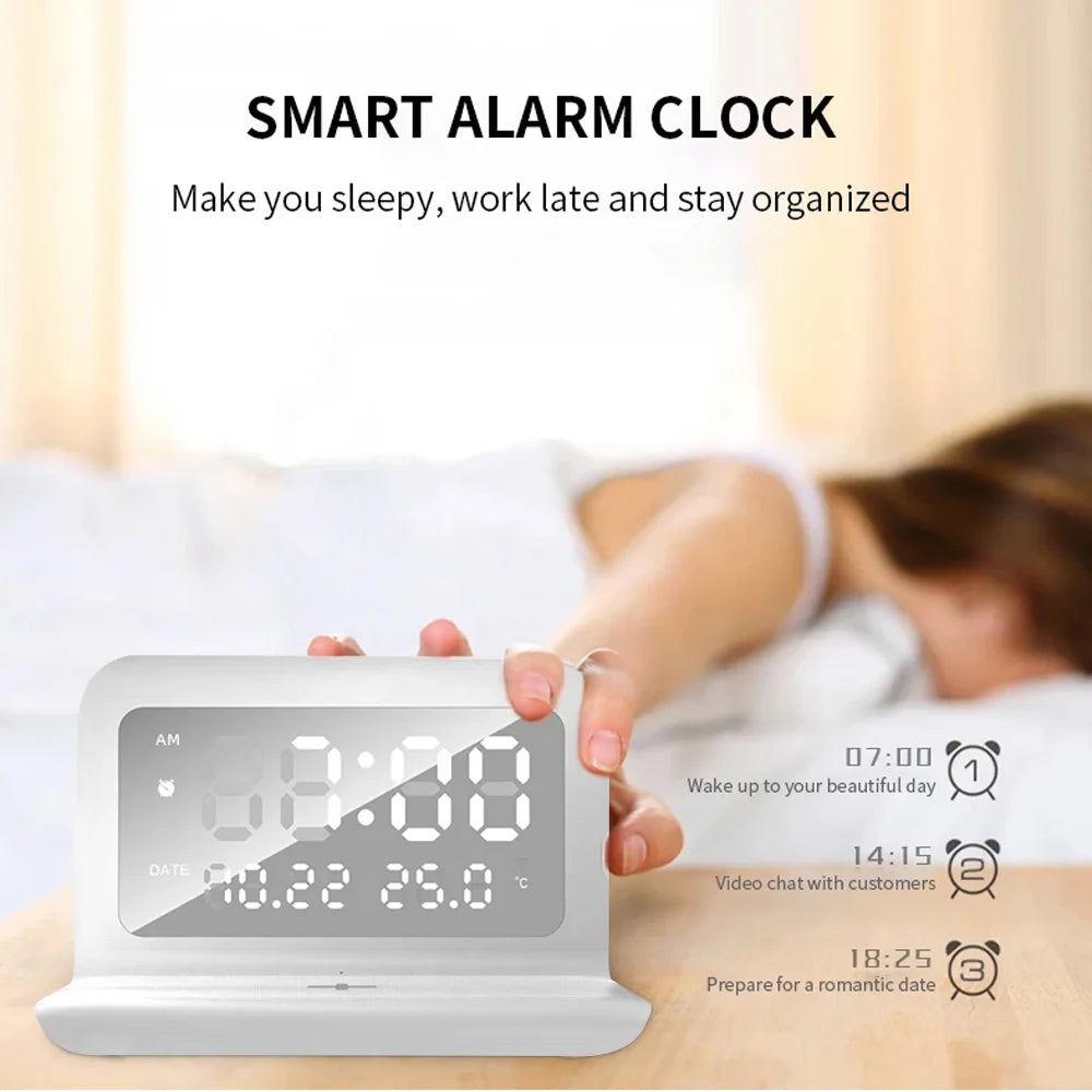 Wireless Charger Pad Stand with Alarm Clock Thermometer for iPhone 17- 11 X Xiaomi Samsung 15W Phone Fast Charging Station