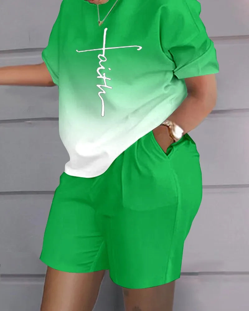 Ladies Casual Summer Two Piece Sets Printed Shorts Sets Women Round Neck Short Sleeve T Shirts Pullover High Waist Trousers Suit