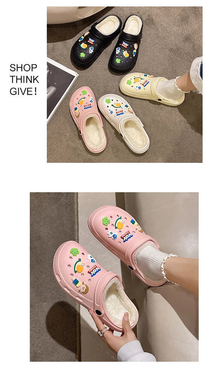 Winter Women Slippers Platform Clogs Warm Furry Slippers Fur Indoor Home Cotton Shoes Female Fluffy Slides Plush Slippers