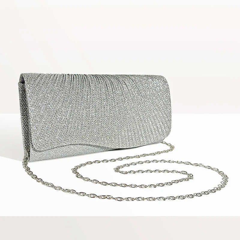 Women Fold Glitter Handbag Shiny Envelope Evening Bag Ladies Pleated Silver Clutch Chain Wedding Party Mini Long Purse XA12ZD