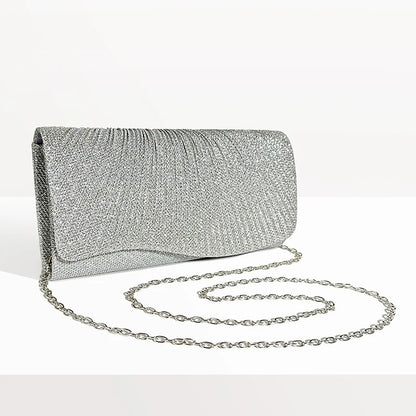 Women Fold Glitter Handbag Shiny Envelope Evening Bag Ladies Pleated Silver Clutch Chain Wedding Party Mini Long Purse XA12ZD