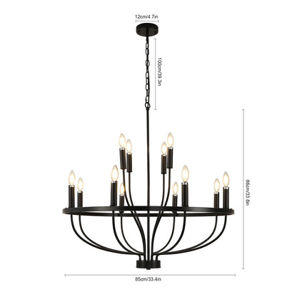 12-Light Black Chandelier Diam 33.46 inch, Farmhouse Industrial Country Style Large Round Pendant Light Fixture for Dining Room