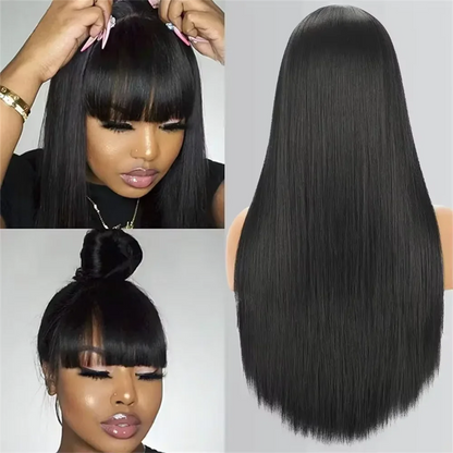 Bone Straight Human Hair Wig With Bangs Fringe Brazilian 3x1 HD Lace Frontal Wigs For Black Women 220% Density 34Inch