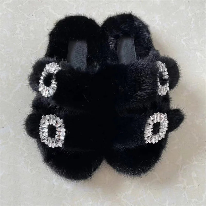 Summer Women Mink Fur Slippers Woman Luxury 2026 Women's Sandals Outdoor Fashion Casual Shoes Fur Mule Shoes Opentoed Slides