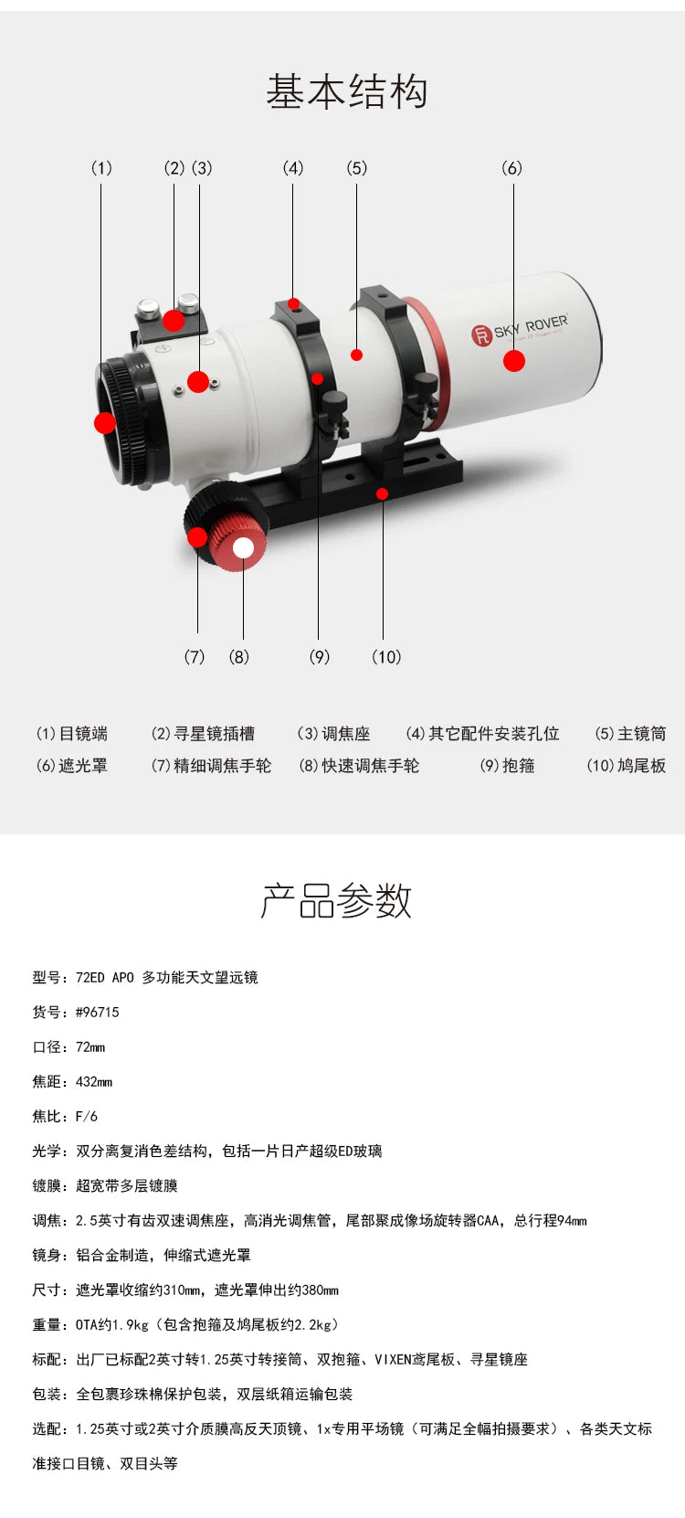 Sky Rover original 72mm F/6 ED APO Astronomical Telescope Professional Astronomical Telescope for stargazing Photography
