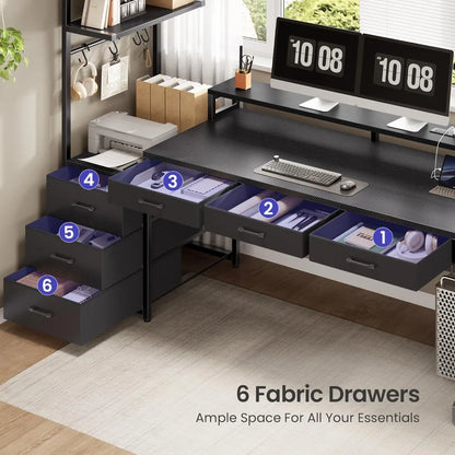 55" Gaming Desk with 6 Drawers, Corner Gaming Desk with Storage & LED Lights, Reversible PC Desk with Power Outlet,, Customized