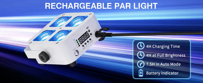 Fieryzeal 4PCS Rechargeable Par Light 5200mAh APP Control LED Uplight Stage Light DMX 4X10W RGBWA+UV LED Par Light for DJ Party