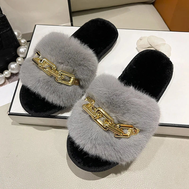 Fluffy Women's Slippers Home Winter Chain Luxury Designer Woman Shoes Plush Indoor Casual Platform Fuzzy Fur Slides Elegant New
