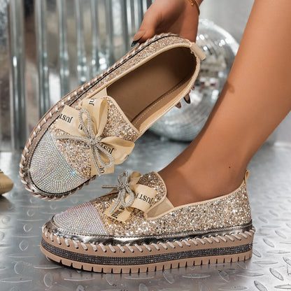 Women Sneakers 2025 New Luxury Crystals Bowknot Loafers Sequined Flat Platform Shoes Couple Fashion Plus Size Sneakers Women