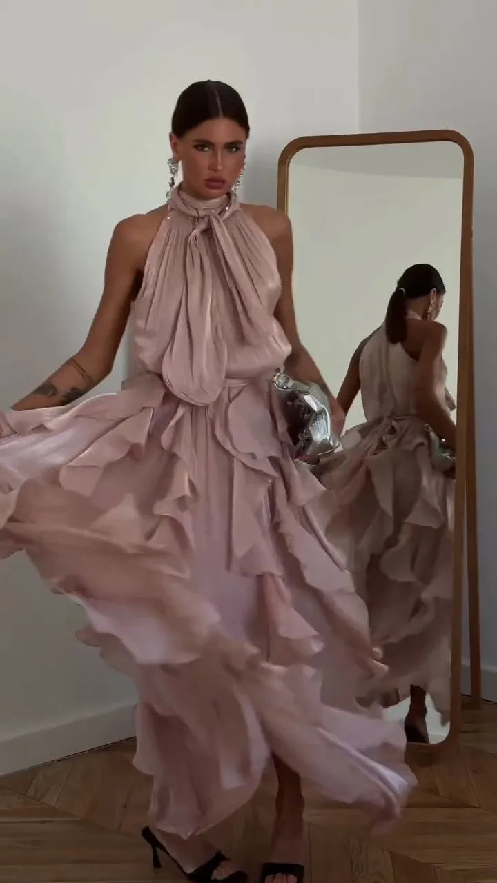 Sexy Cascading Ruffle Pleated Women Long Dress Fashion Lace Up Sleeveless Empire Female Dresses 2026 Spring Summer Lady Robe New