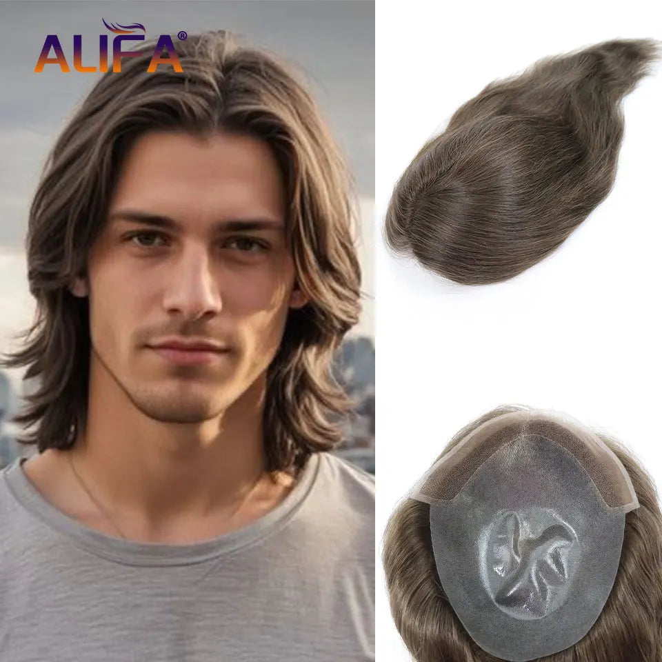 Brown Long Human Hairpieces Men's Toupee Natural Hairline Lace Front Male Wig Breathable Lace With PU Hair Replacement Systems