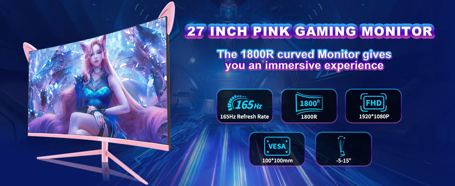 27inch Curved Pink Monitor QHD 165hz 1800R Gaming Display HDR10 Free-Sync Desktop Screen 1ms GTG  With Speakers Tilt Adjustable