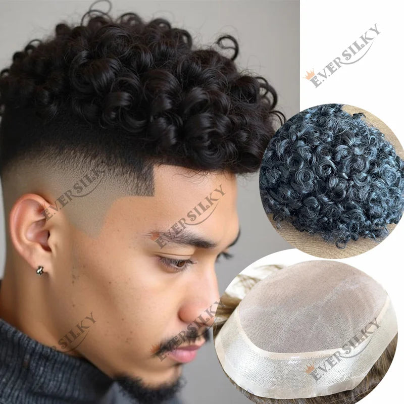 Natural Frontline Afro 18mm/15mm Curly Men Toupee Undetectable PU System European Human Hair Prosthesis Super Durable Fine Mono