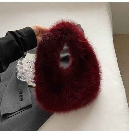 Solid Color Faux Fur Bag for Women Winter Soft Plush Handbags Ladies Small Elegant Tote Bags Fashion Trend Female Furry Purse