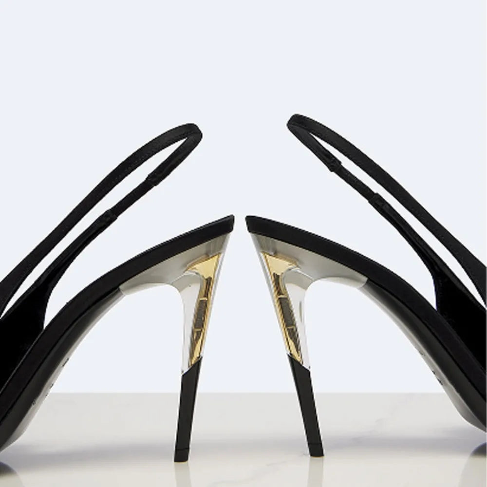 Women Satin Pointed‑Toe Stiletto Pumps with Clear Heel, Elegant Back Strap Dress Heels for Formal Dating Club Occasions