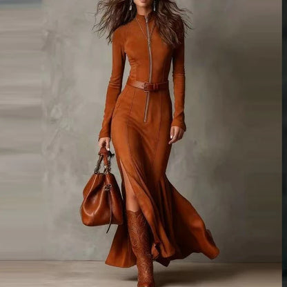 Casual O-neck Long Sleeve Suede Party Dress Elegant Side Split Solid Slim Long Dress Women Fashion With Belt Tie-Up Maxi Dress