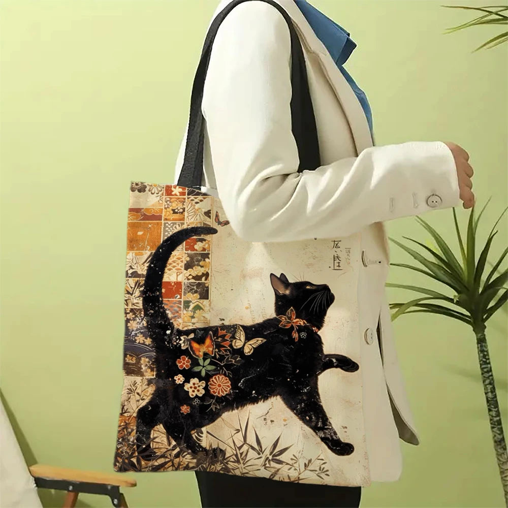 Classic Black And White Cat Tote Bag With Cat Print, Reusable Shoulder Shopping Beach Bag For Women, Durable Casual Carryall