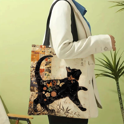Classic Black And White Cat Tote Bag With Cat Print, Reusable Shoulder Shopping Beach Bag For Women, Durable Casual Carryall