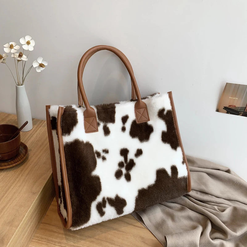 Winter Faux Fur ,Leopard Print Designer Shopper Totes, Fashion Soft Plush Women Shoulder Bags, Large Capacity Handbags and Purse