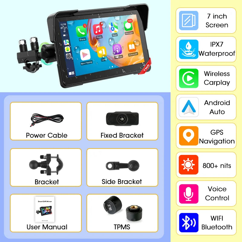 7 inch Motorcycle CarPlay Screen With TPMS GPS for Moto Navigation Display Screen Android Auto Digital Motorcycle Dashboard BT