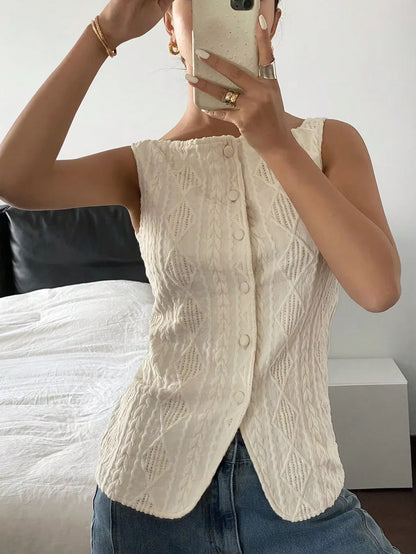 Women's summer sleeveless geometric texture single breasted casual shirt