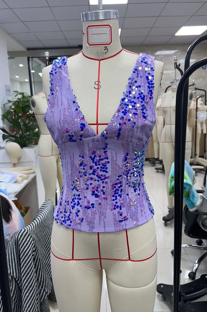 Puloru Shiny Sequins Hotsweet Vests Summer Fashion Sleeveless Low Cut Deep V Crop Tops Womens Backless Sleeveless Slim Tank Tops