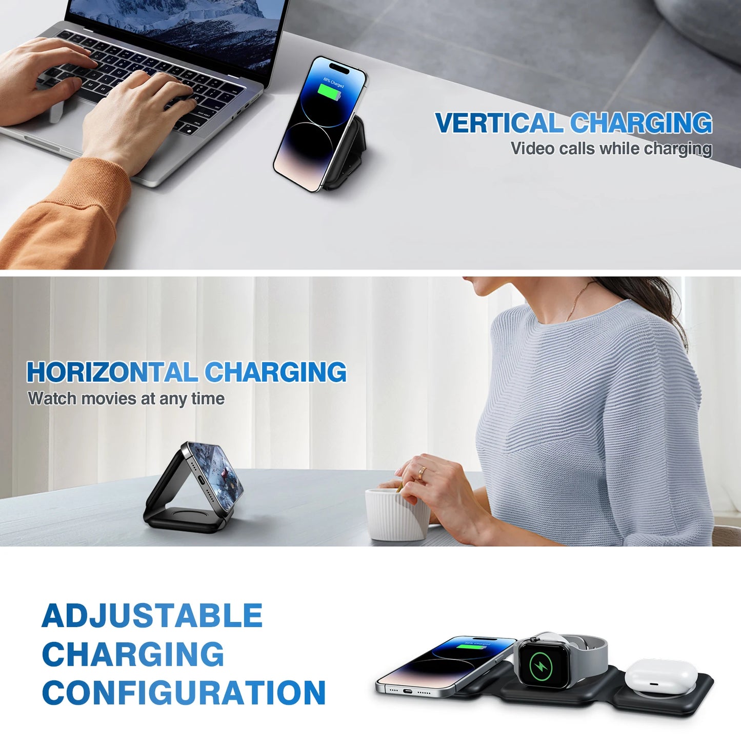 15W Magnetic Wireless Chargers 3 in 1 Foldable Phone Charge Dock Fast Charg Travel for Apple Watch IPhone 17/16/15/14/X AirPods