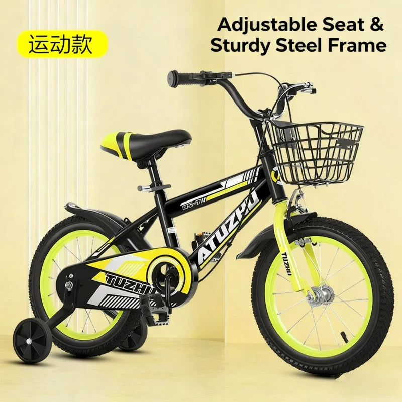 Bright Yellow Sports Style Children's Bicycle - 14 Inch 16 Inch 18 Inch Pedal Bikes for Boys And Girls Aged 3-9 Years Old