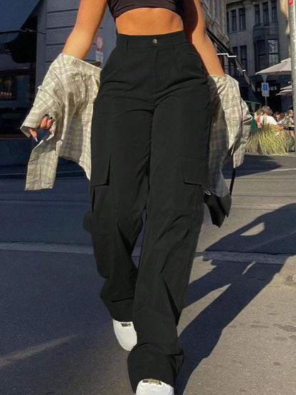 Women's Plain High Waist Cargo Pants, Street Fashion Casual Pocket Button Trousers for Daily Wear, Ladies Bottoms for All Season