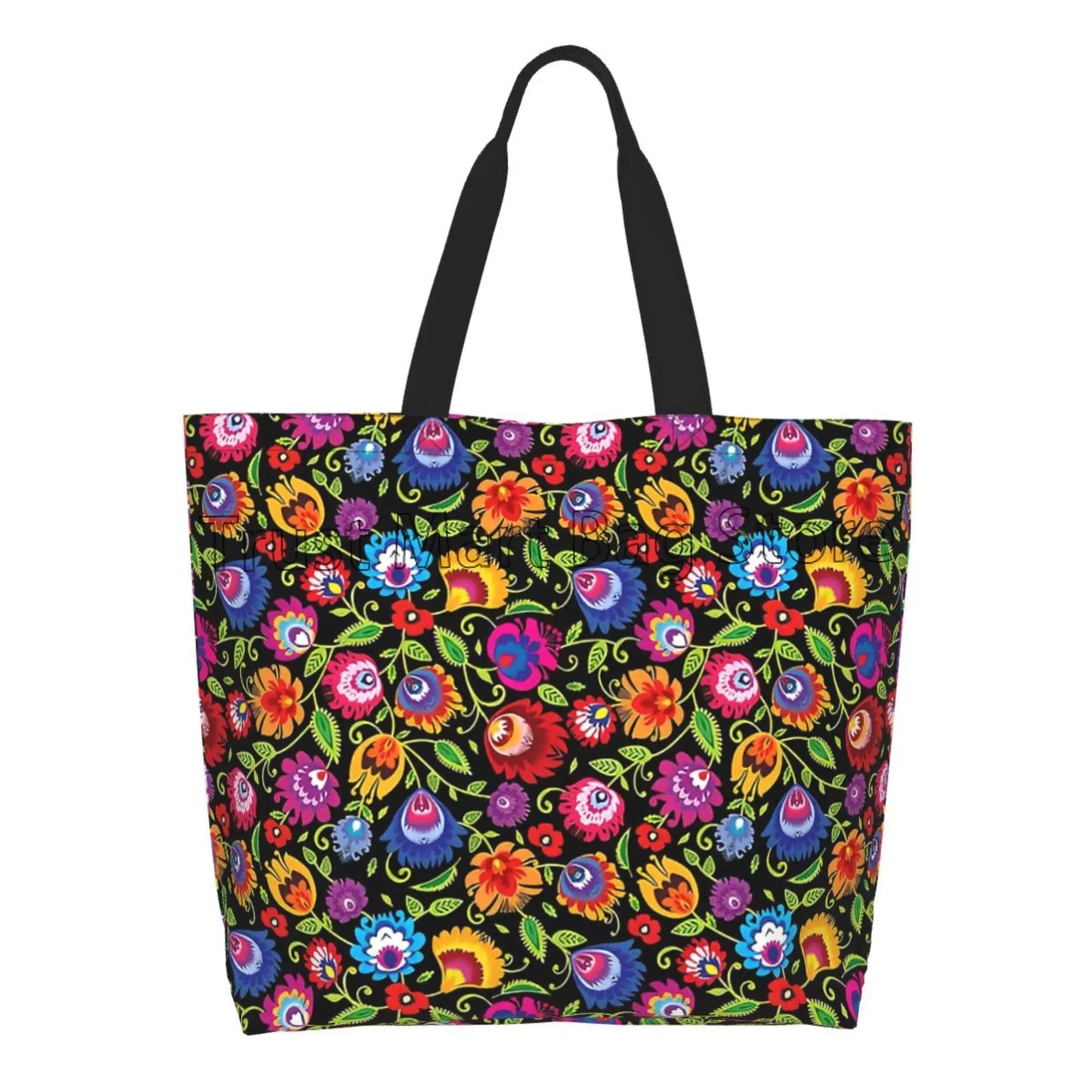 Mexican Ethnic Flowers Tote Bag Large Capacity Zipper Women Grocery Bags Purse Shopping Handbags Casual Travel Shoulder Bag