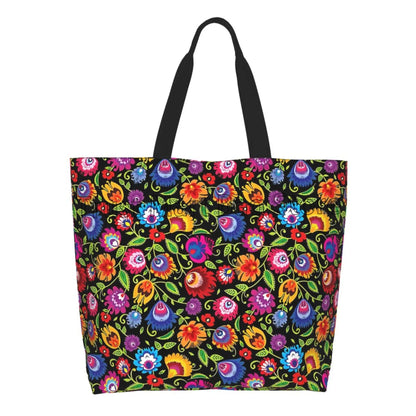 Mexican Ethnic Flowers Tote Bag Large Capacity Zipper Women Grocery Bags Purse Shopping Handbags Casual Travel Shoulder Bag