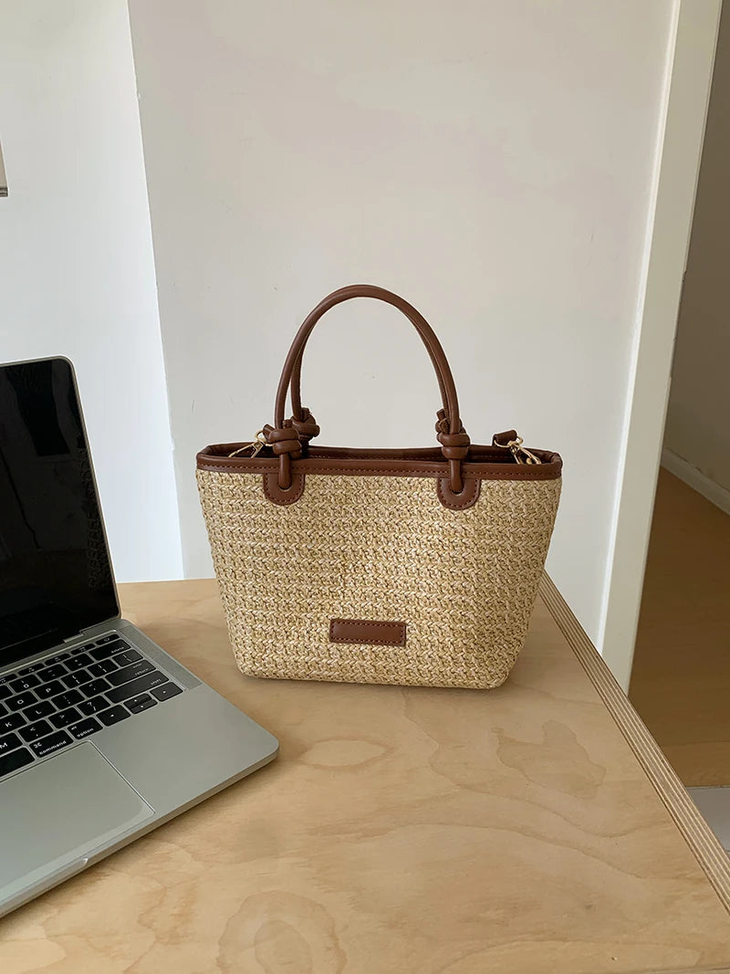 Summer Vacation Women's Beach Straw Shoulder Bag Retro Design Ladies Portable Crossbody Bags Knot Basket Woven Tote Handbags