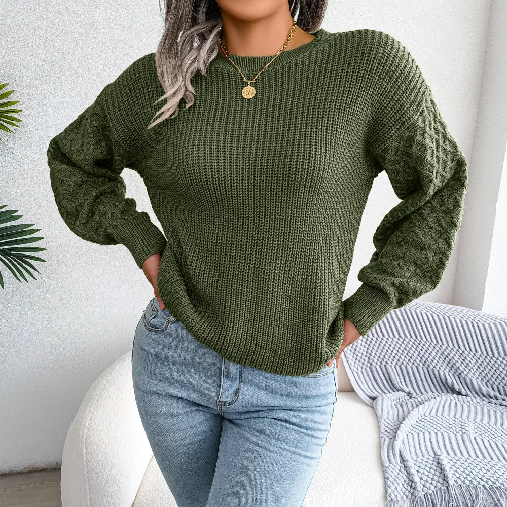2024 Autumn Winter Casual Lantern Long Sleeved Knitted Sweater Fashion Army Green Round Neck Sweater Elegant Knitted Pullover