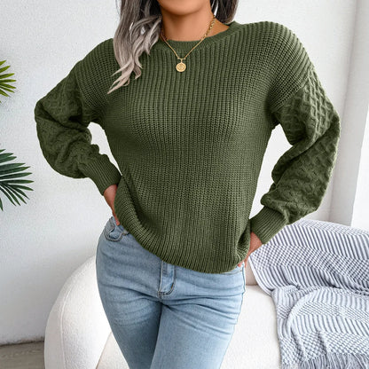 2024 Autumn Winter Casual Lantern Long Sleeved Knitted Sweater Fashion Army Green Round Neck Sweater Elegant Knitted Pullover
