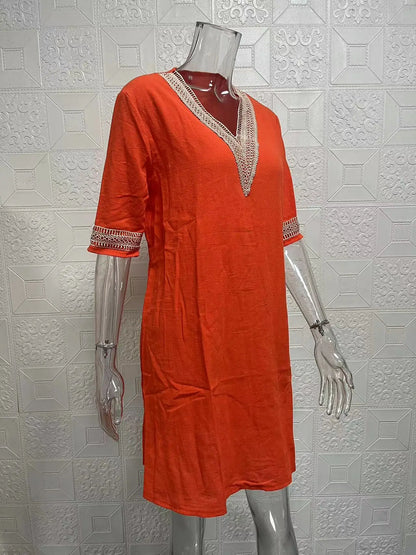 New solid color V-neck mid-sleeved elegant dress