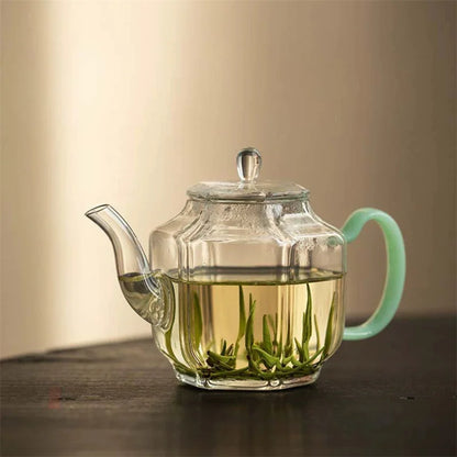 Hexagonal Imitation Jade Handle Glass Teapot Heat Resistant Small Capacity 210ml Boiling Flower Green Tea Pot Kung Fu Tea Set