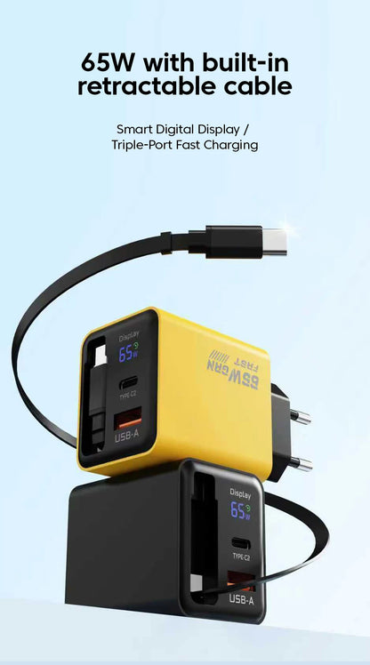 65W USB C GaN Charger Wall Charger Power Adapter Digital Display With Retractable Type C Cable For iPhone 17 16 Samsung Xiaomi