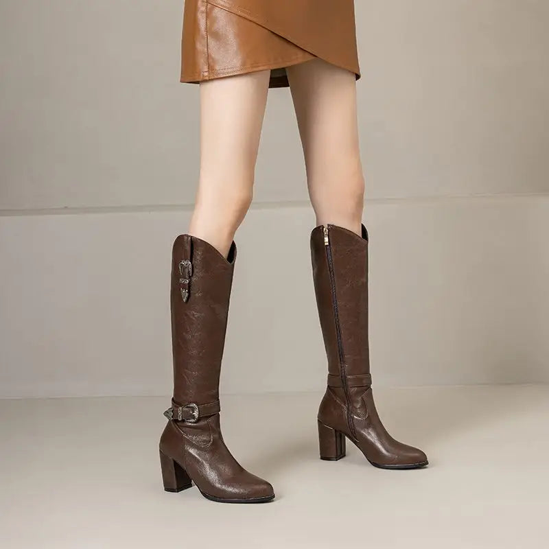 Girseaby British Style Women Knee High Boots Round Toe Block Heel 7.5cm Zipper Plus Size 51 52 Fashion Riding Bota