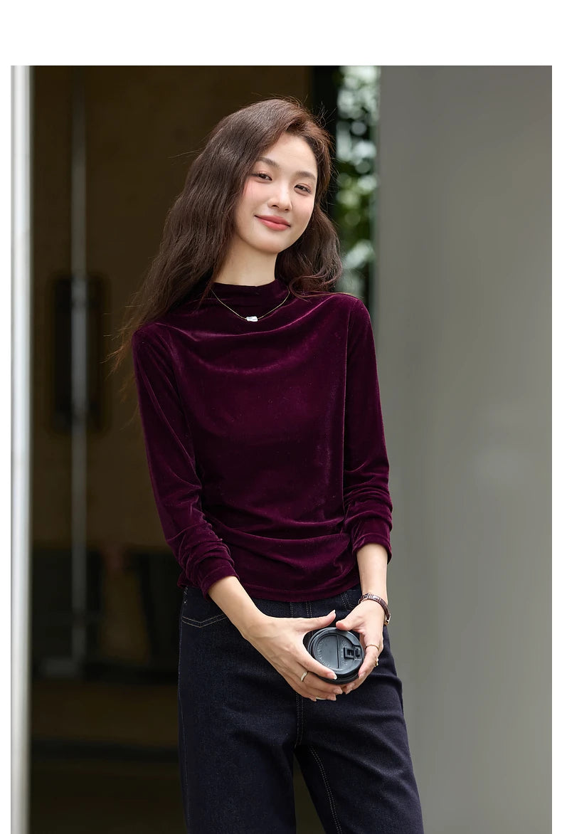 VIMLY Women's Red Velvet T-shirt Casual Knitted Slim Fit Tops Winter 2026 Vintage Mock Neck Folds Long Sleeve Ladies Tees A3305